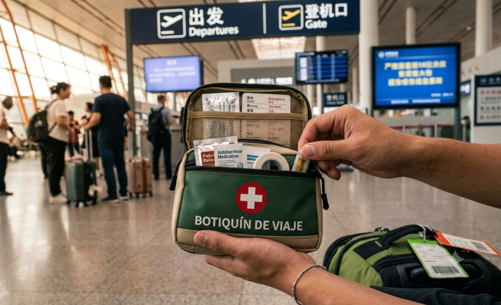 Botiquin de viaje en las manos de un viajero en el aeropuerto